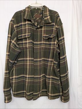 Orvis Flannel Shacket Mens XL Plaid Shirt Jacket Green Brown